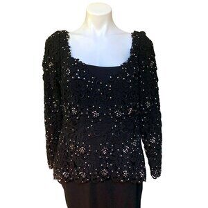 Vintage 90s Lace & Crystal-Studded Evening Gown Dress XL